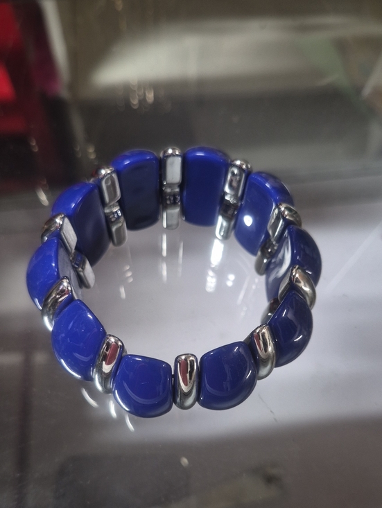 Jewelry - Blue Ceramic and Silver Stretch Bracelet - Women Jewelry